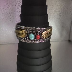 Turquoise and Coral Accent Two-Tone Leaf Cuff Bracelet NWOT